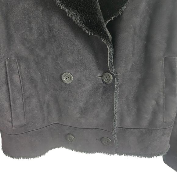 Ralph Lauren Womens Faux Suede Jacket Double Breasted Faux Fur Collar Sz M Black - Picture 3 of 10